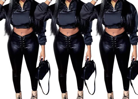 2pc Faux Leather Crop Set
